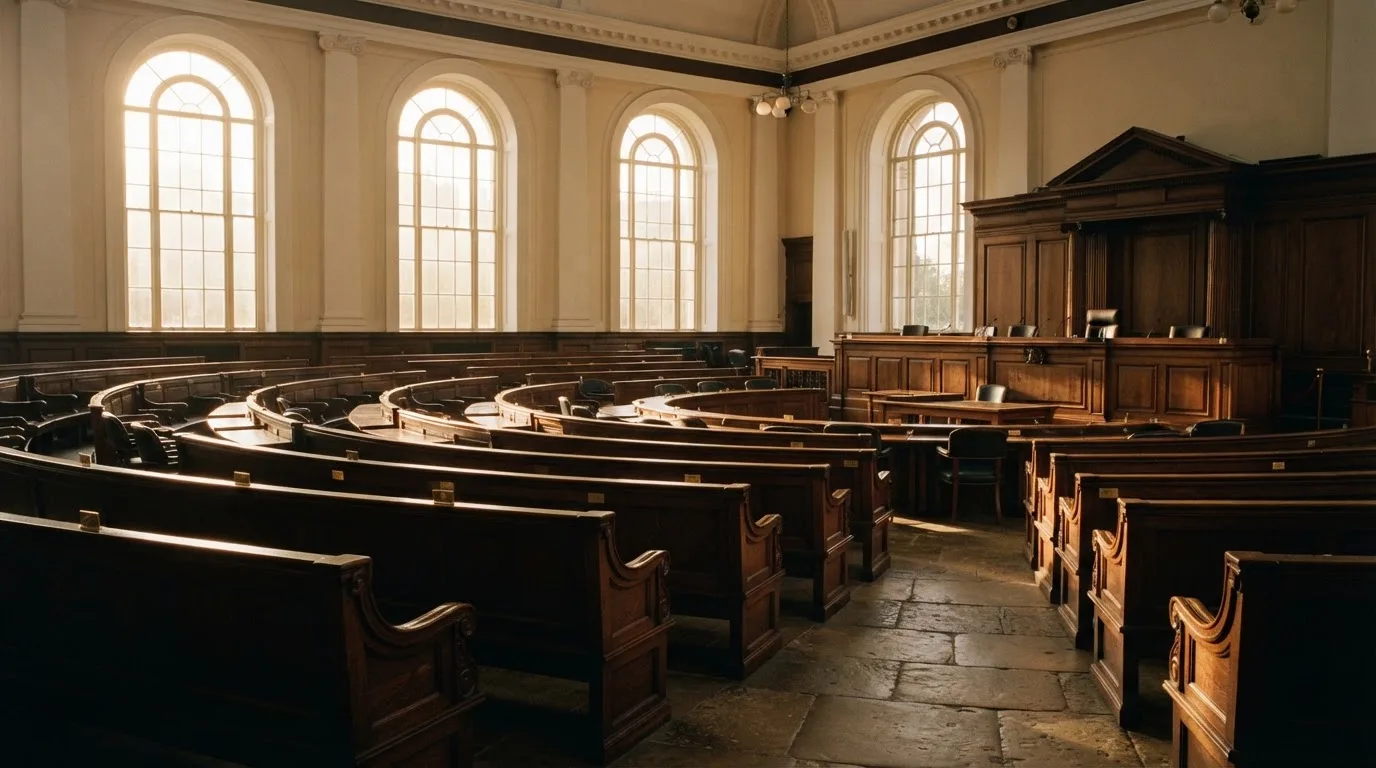 An empty courtroom with wooden benches in morning light