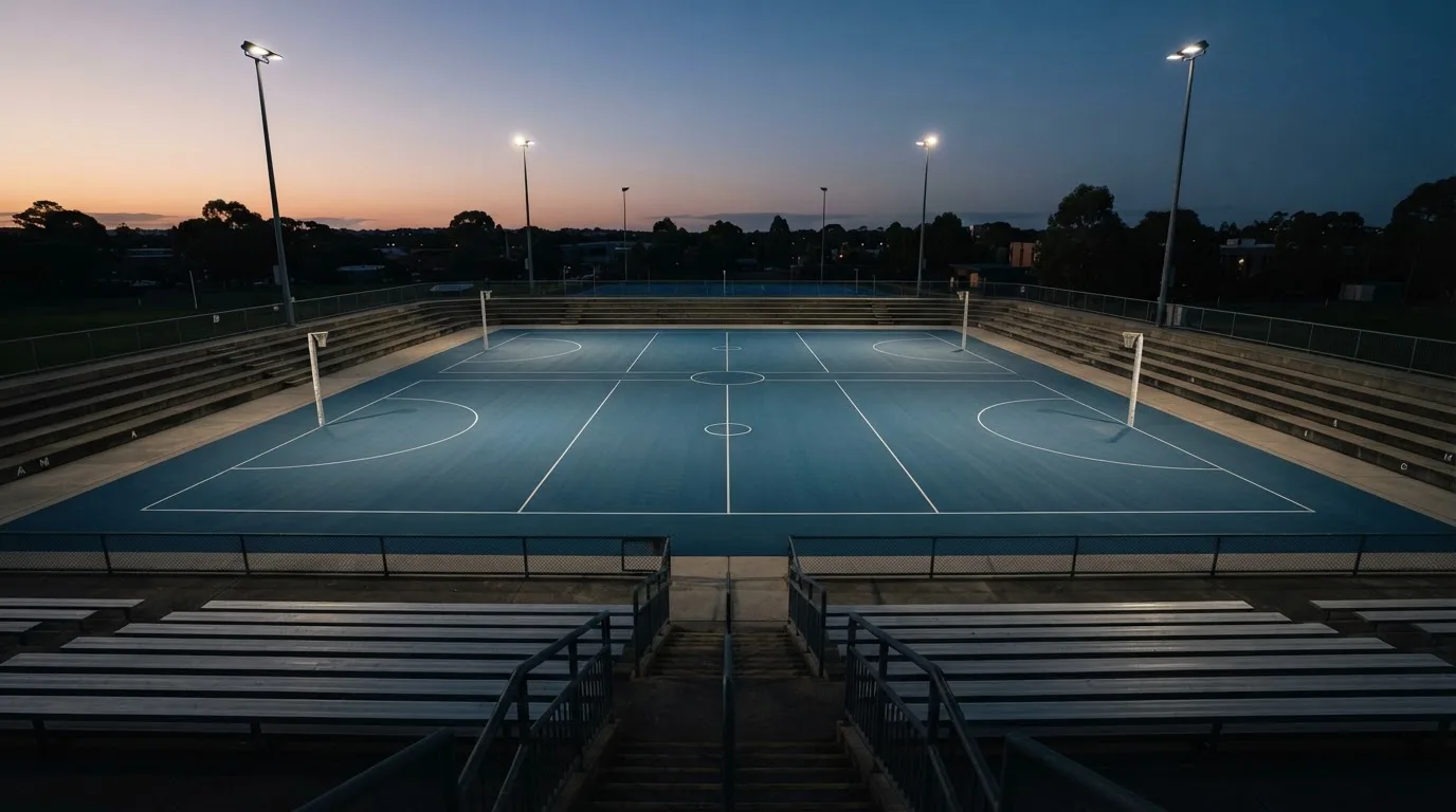 An empty football stadium with floodlight masts at dusk