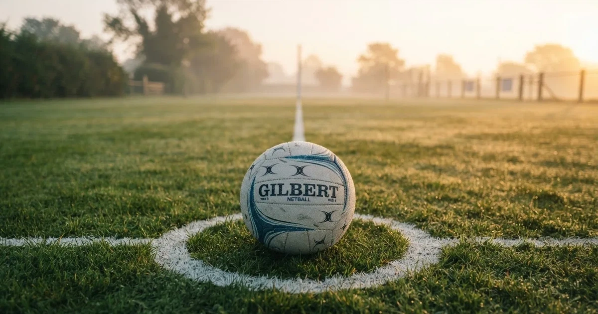 A ball on the centre spot of a grass pitch in morning light