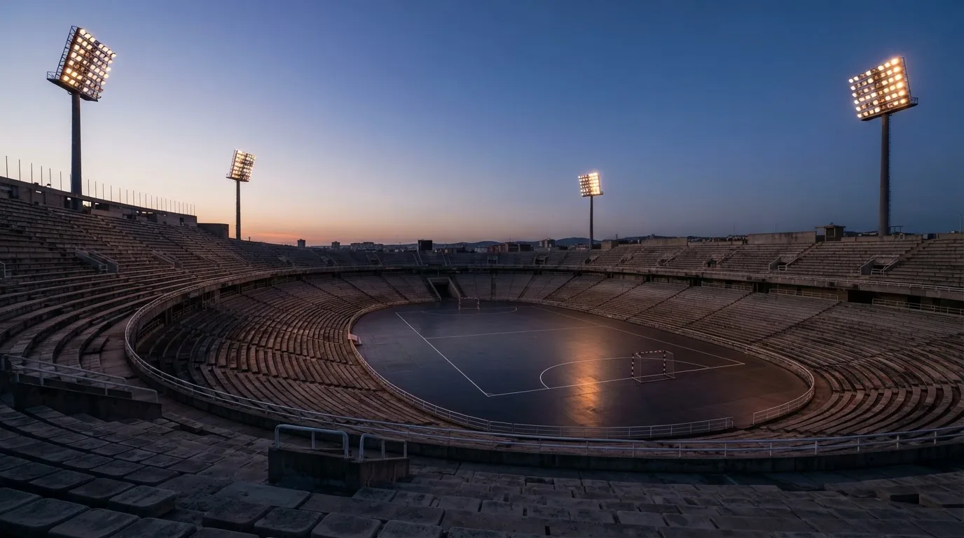 An empty football stadium with floodlight masts at dusk
