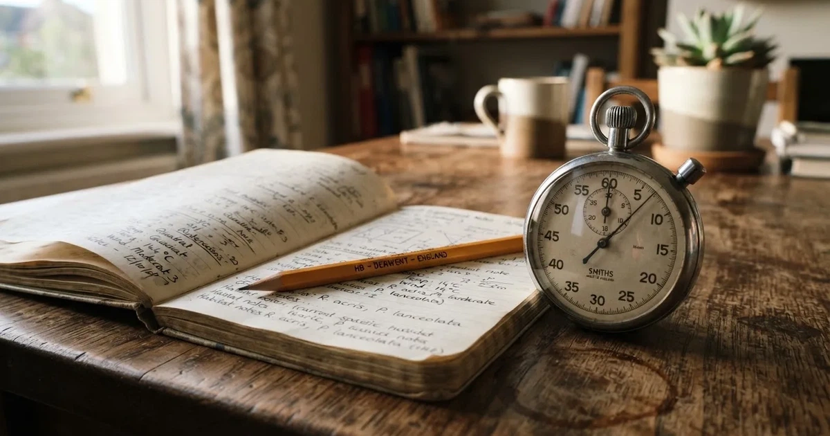 An open notebook with a pencil and a stopwatch on a wooden table