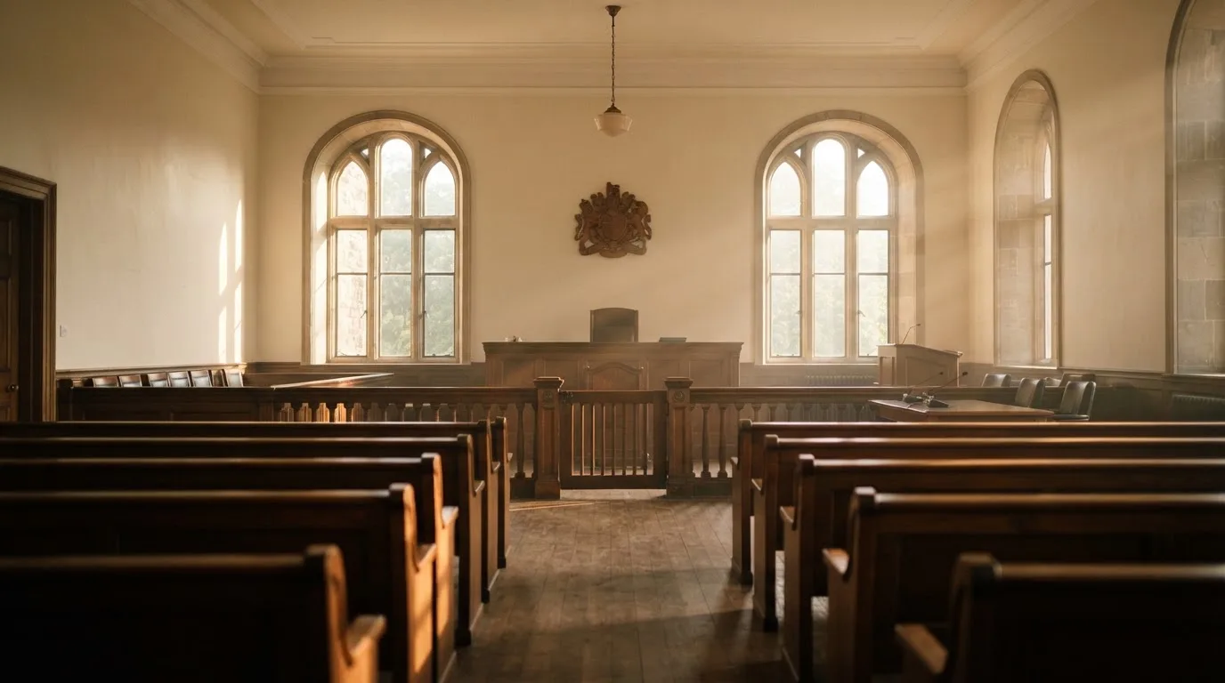 An empty courtroom with wooden benches in morning light