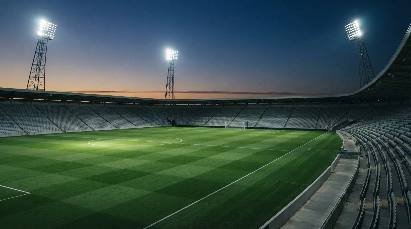 An empty football stadium with floodlight masts at dusk