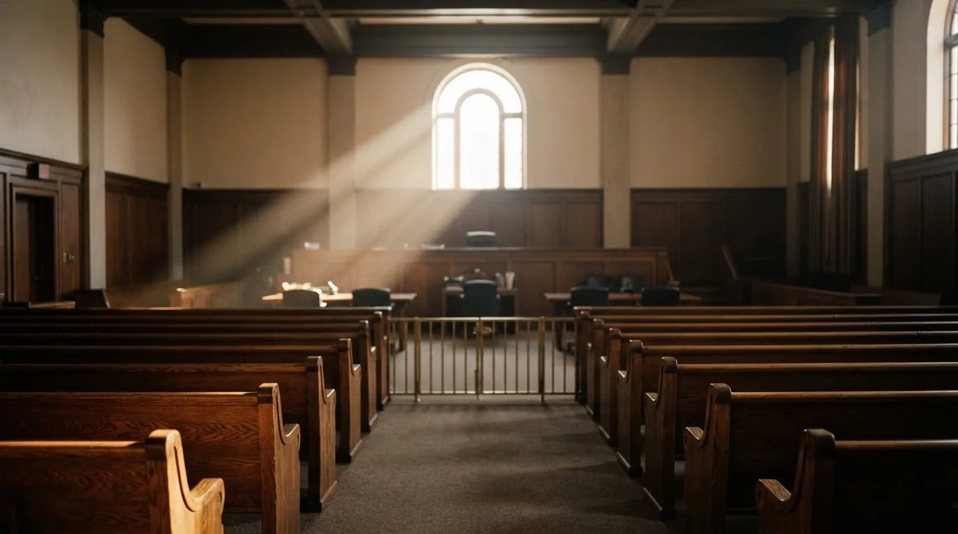 An empty courtroom with wooden benches in morning light