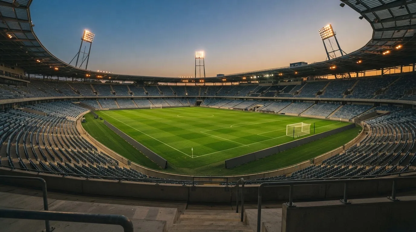 An empty football stadium with floodlight masts at dusk