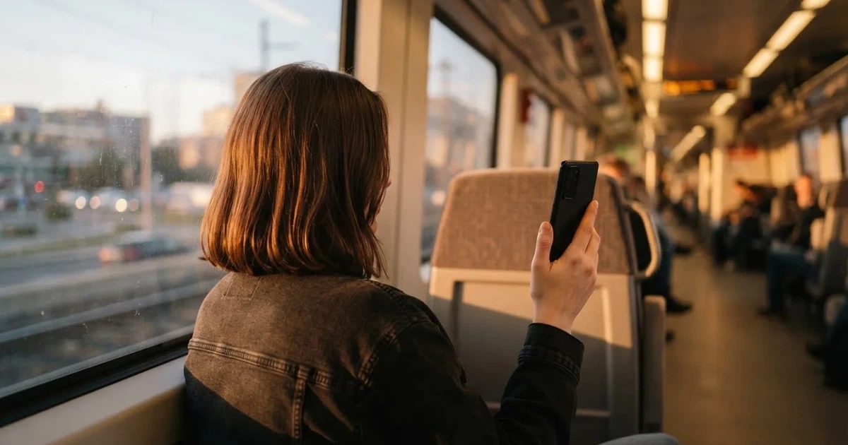 A hand holding a smartphone on a train in the evening, screen turned away