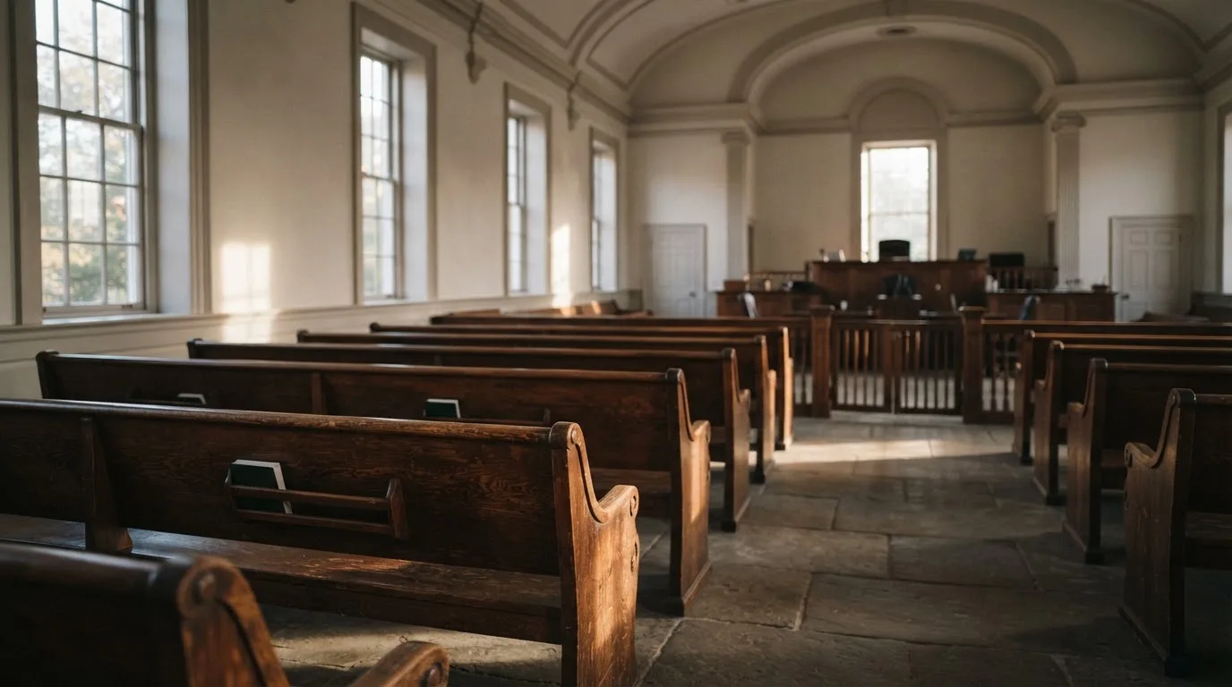 An empty courtroom with wooden benches in morning light