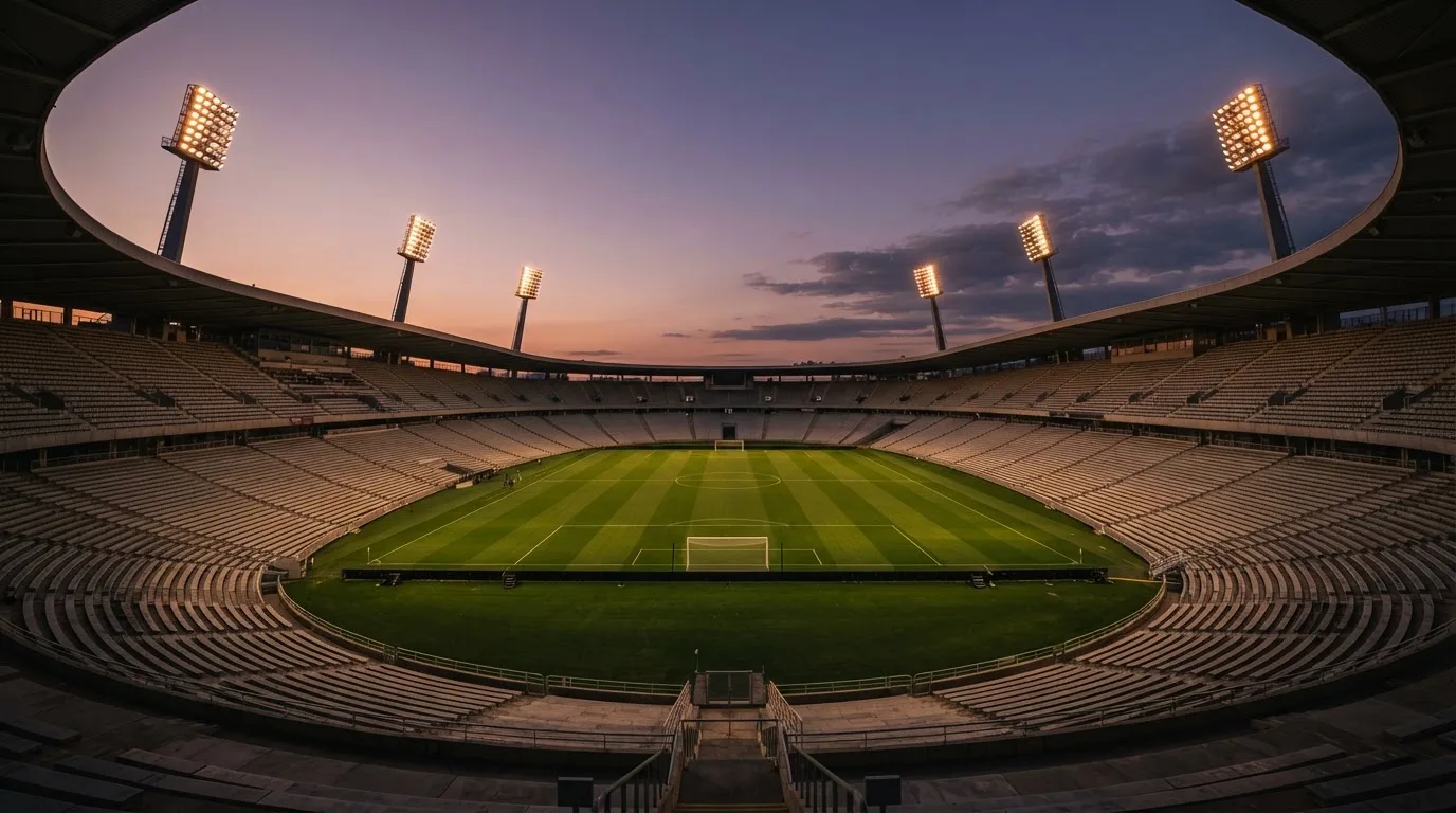 An empty football stadium with floodlight masts at dusk