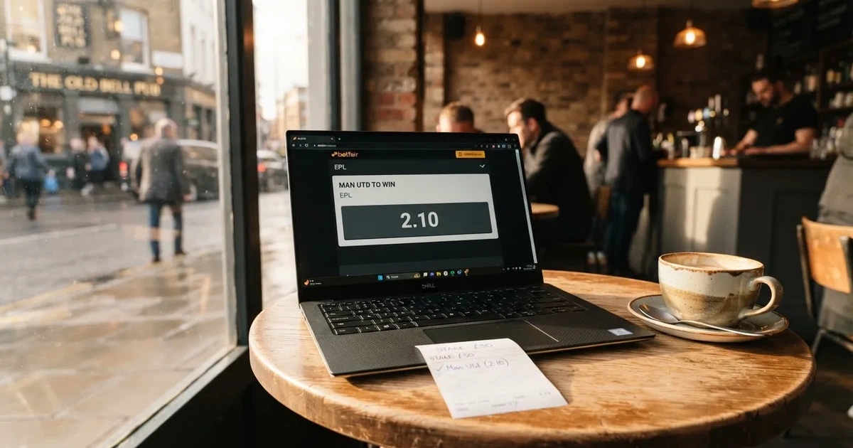 A laptop on a café table by a window onto the street