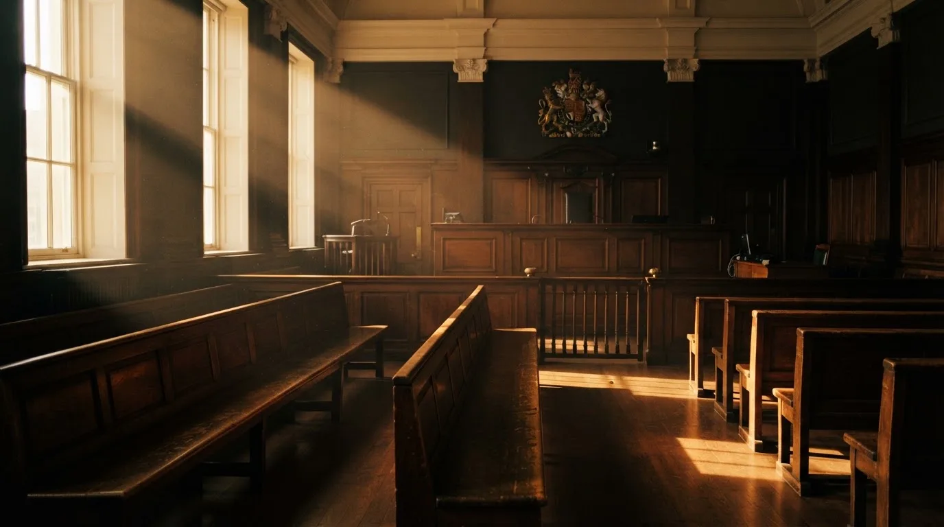 An empty courtroom with wooden benches in morning light