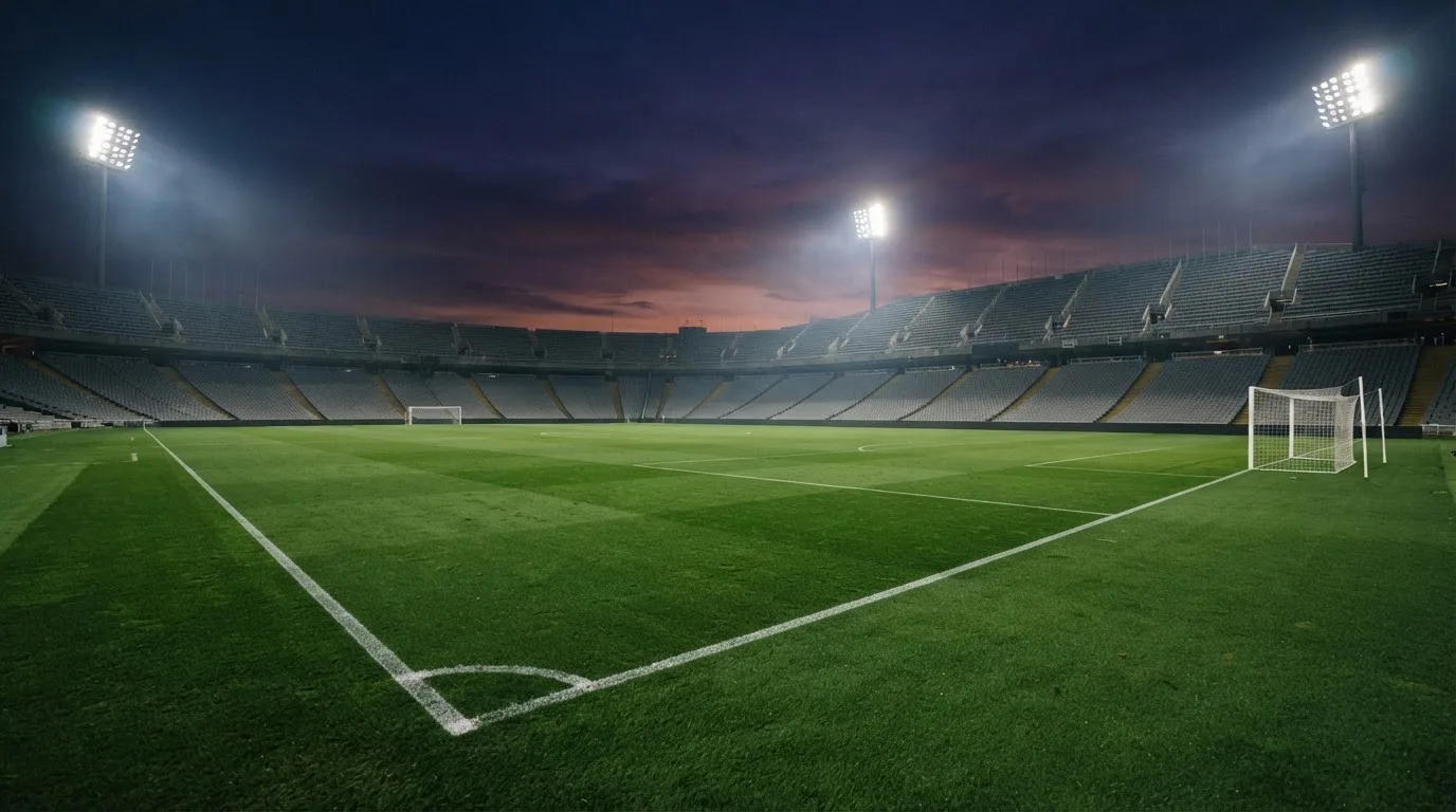 An empty football stadium with floodlight masts at dusk