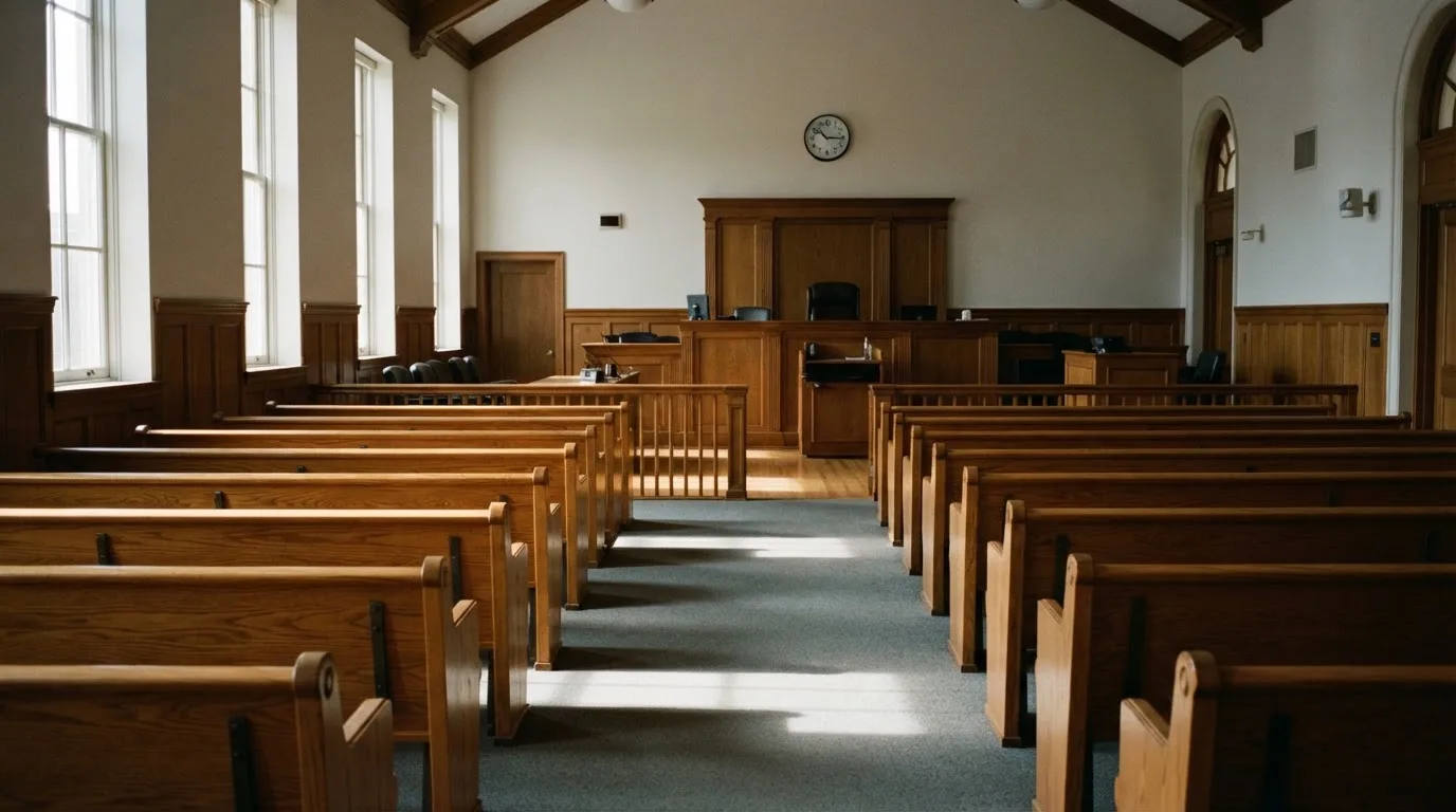 An empty courtroom with wooden benches in morning light
