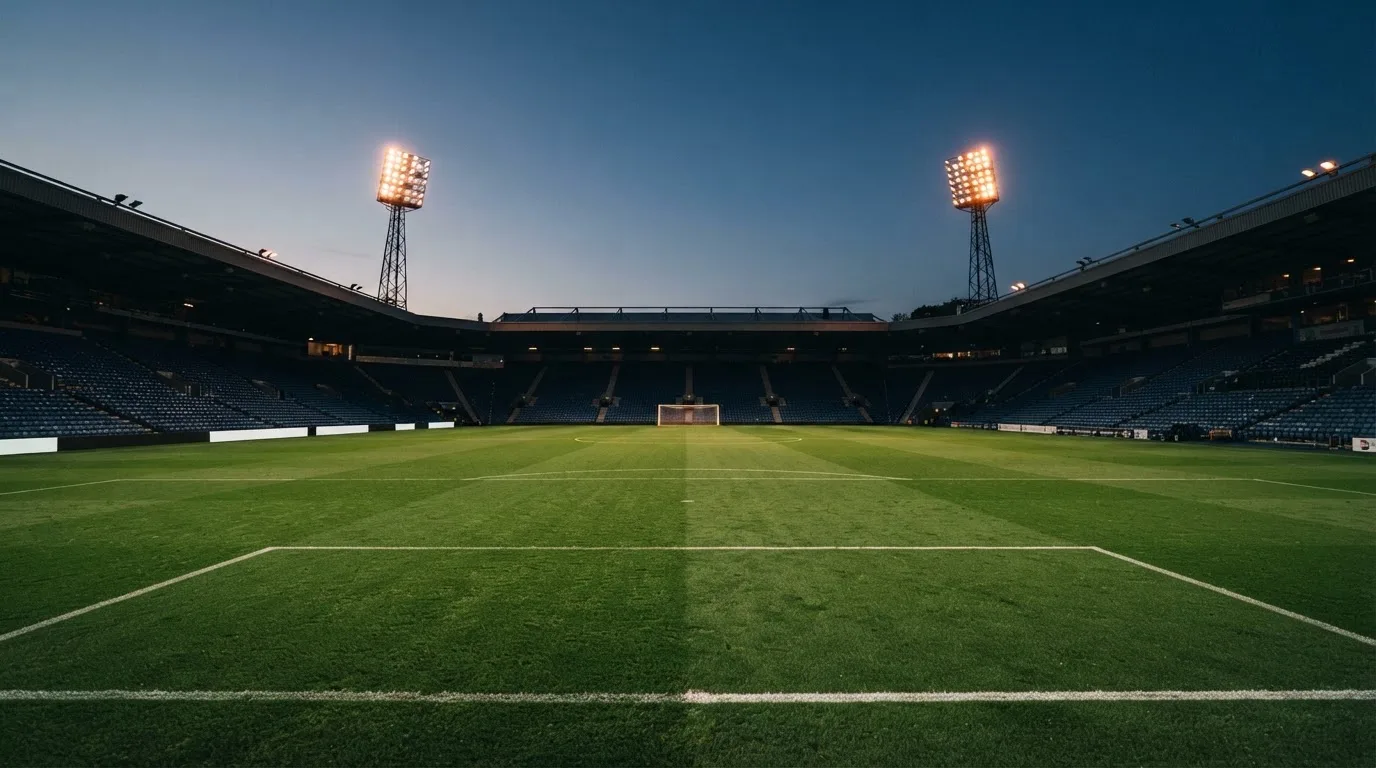 An empty football stadium with floodlight masts at dusk