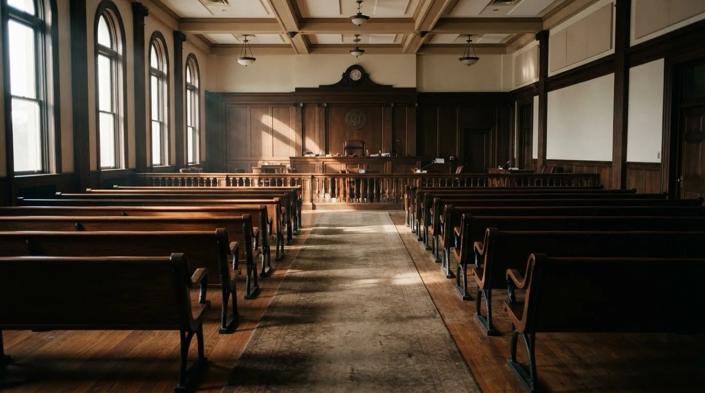 An empty courtroom with wooden benches in morning light