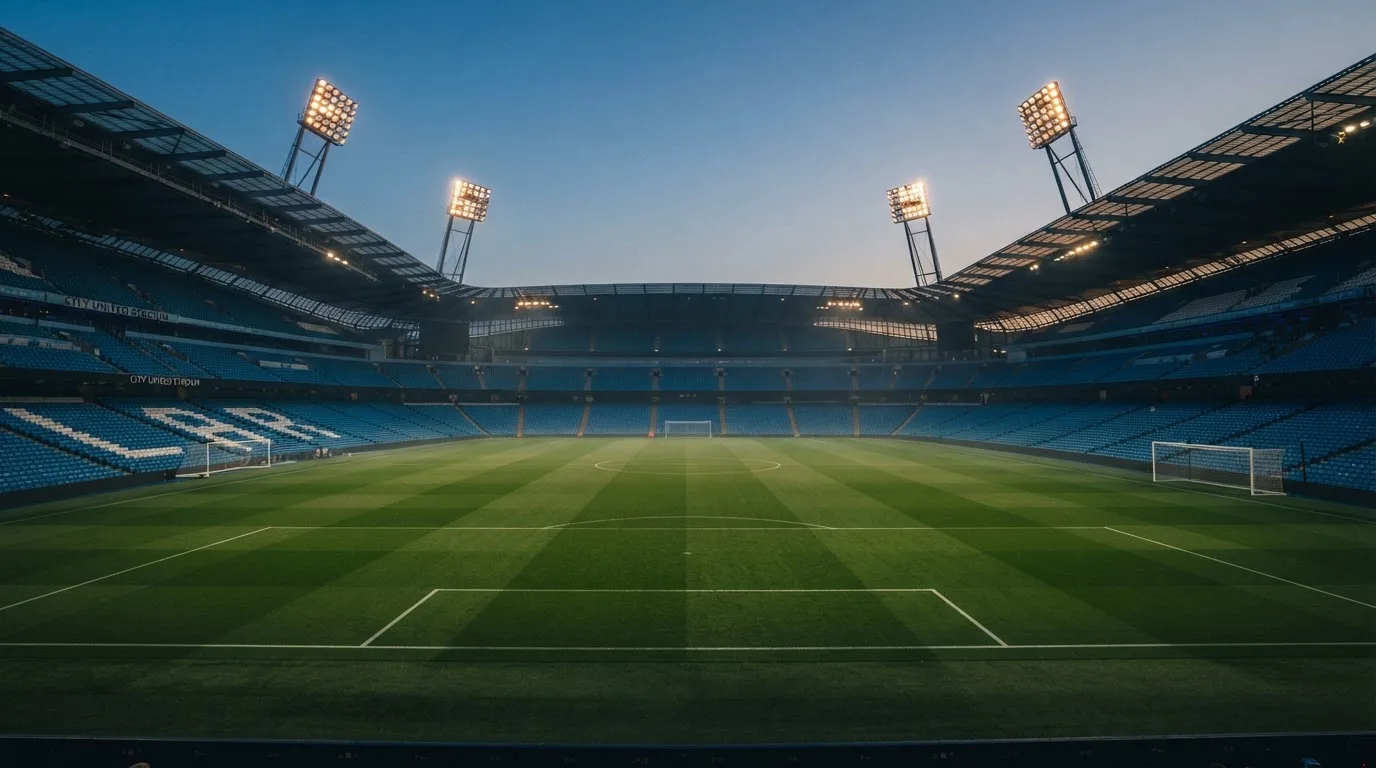 An empty football stadium with floodlight masts at dusk