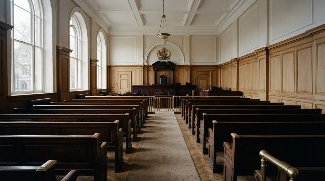 An empty courtroom with wooden benches in morning light