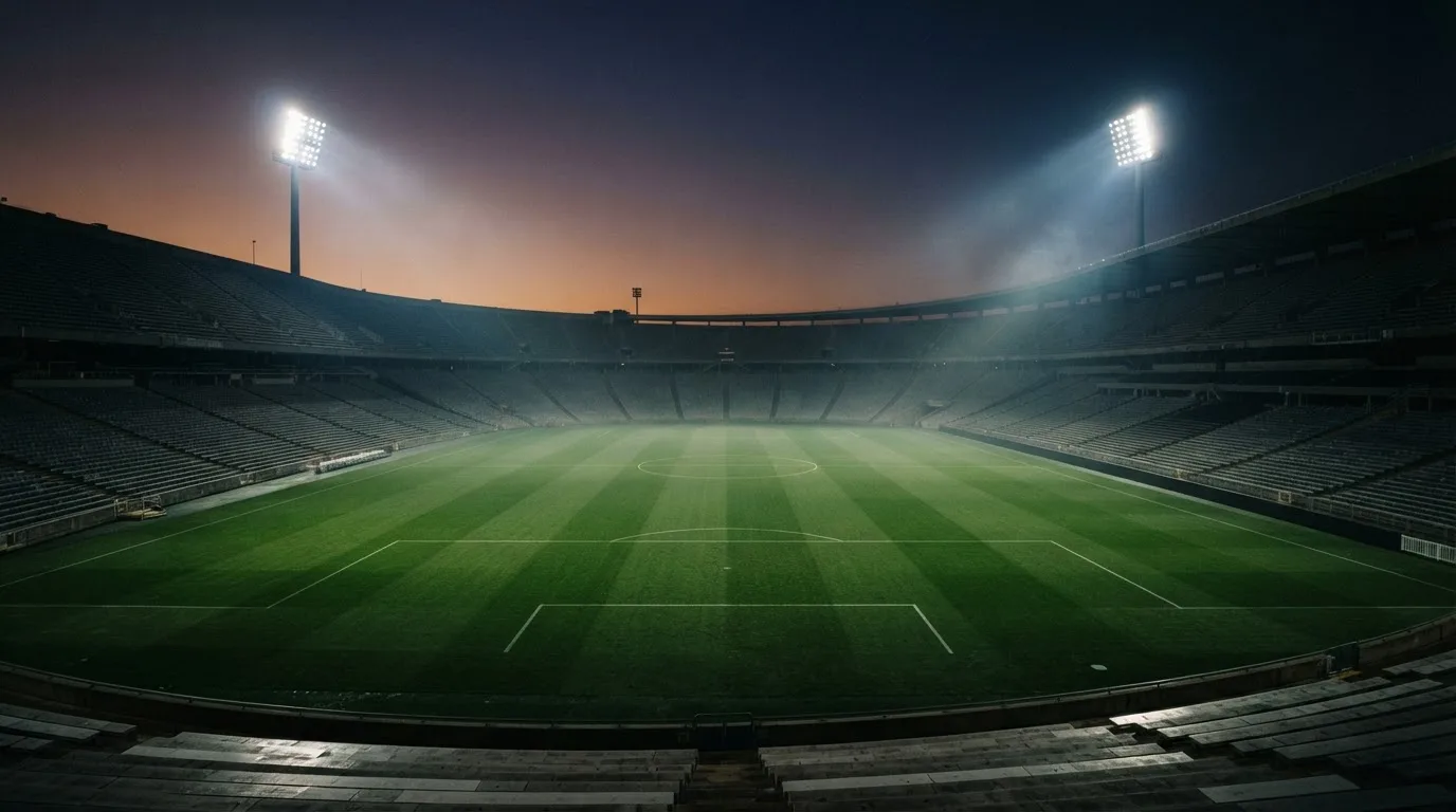 An empty football stadium with floodlight masts at dusk