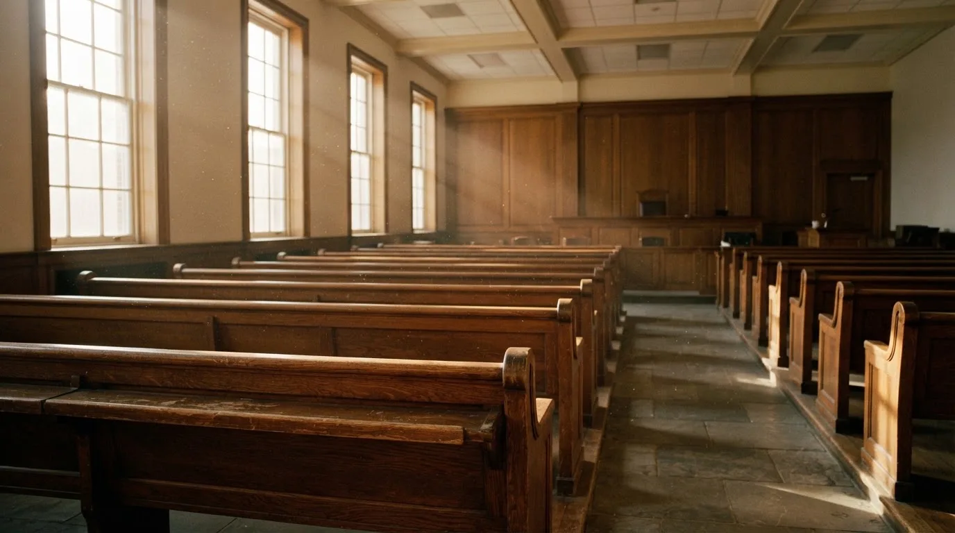 An empty courtroom with wooden benches in morning light