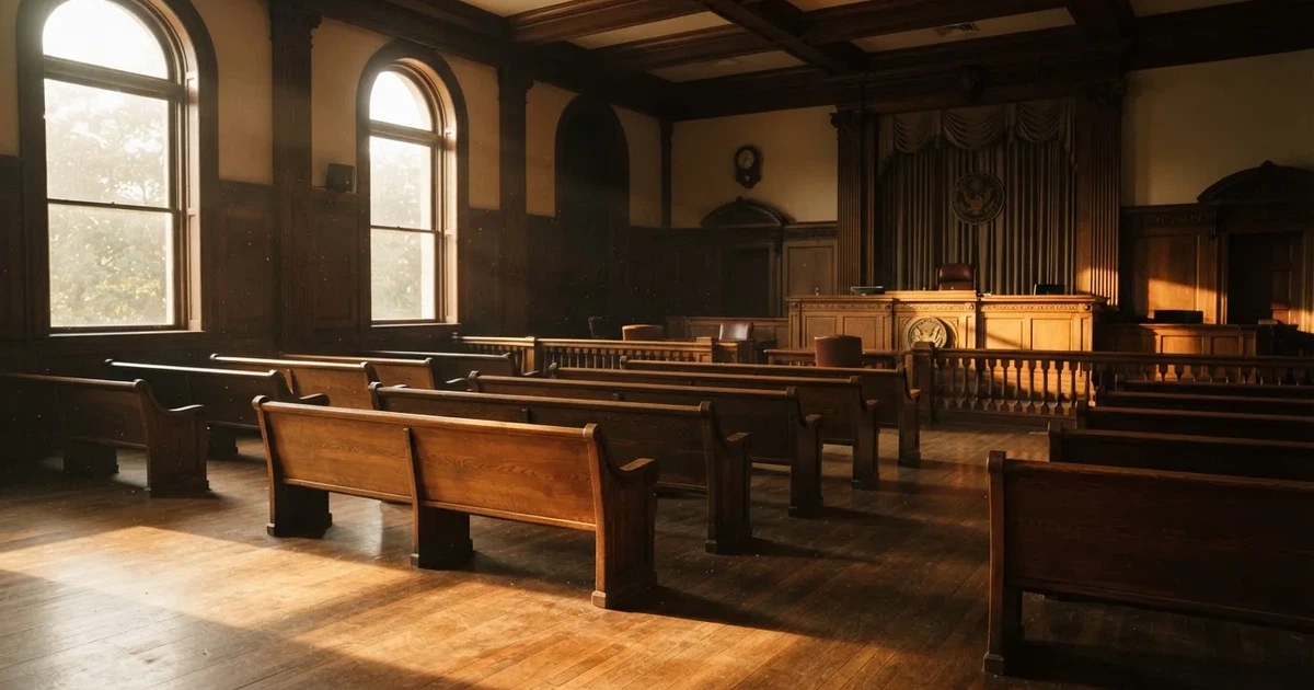 An empty courtroom with wooden benches in morning light