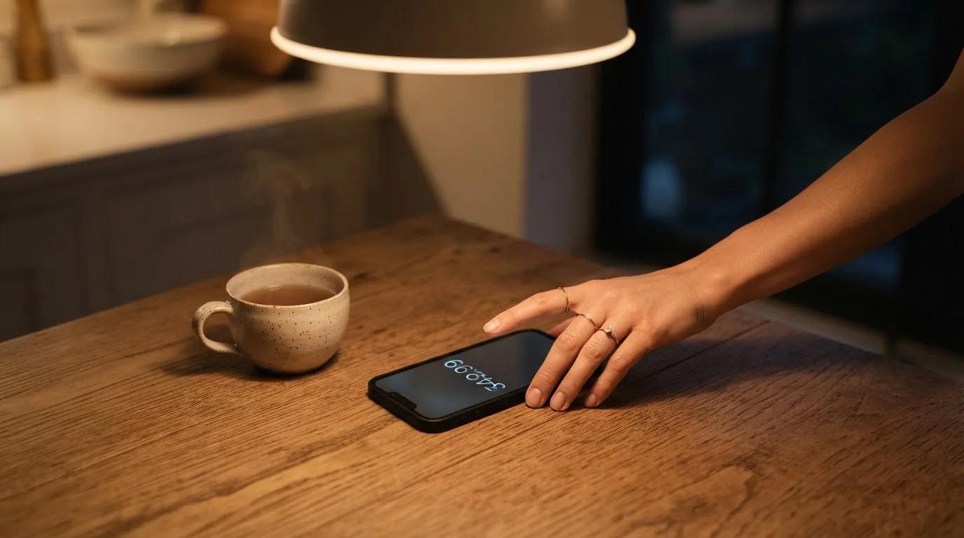 A hand setting a smartphone down beside a cup of tea on a kitchen table on a quiet evening