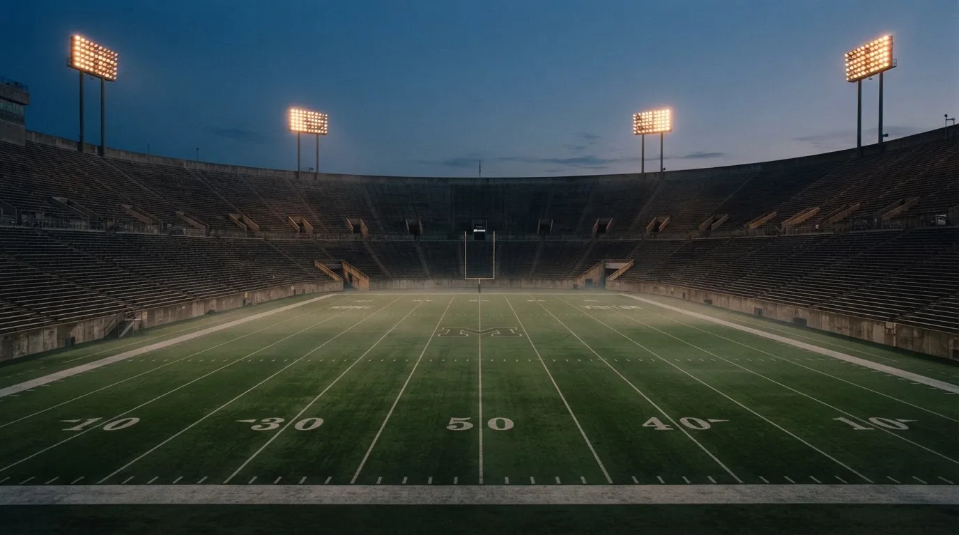 An empty football stadium with floodlight masts at dusk