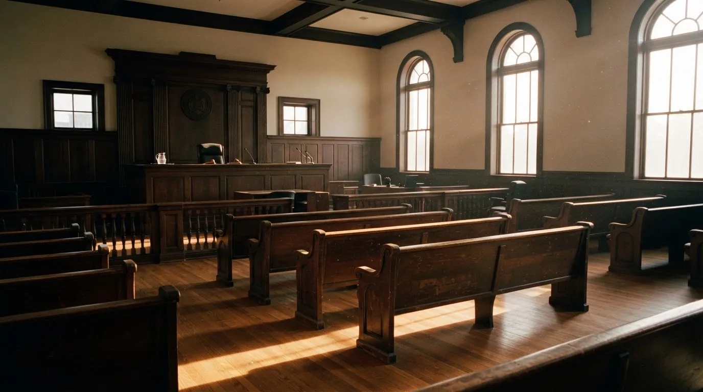 An empty courtroom with wooden benches in morning light