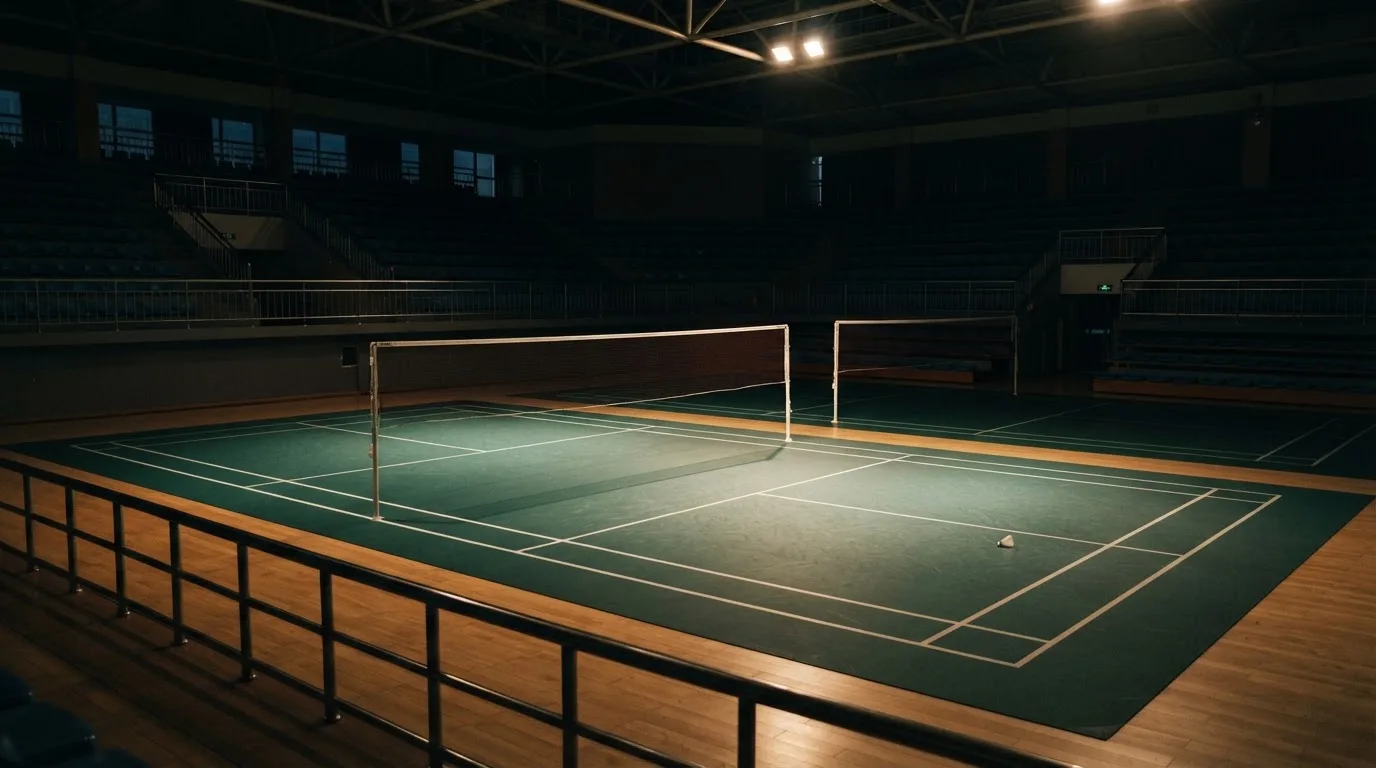 An empty football stadium with floodlight masts at dusk