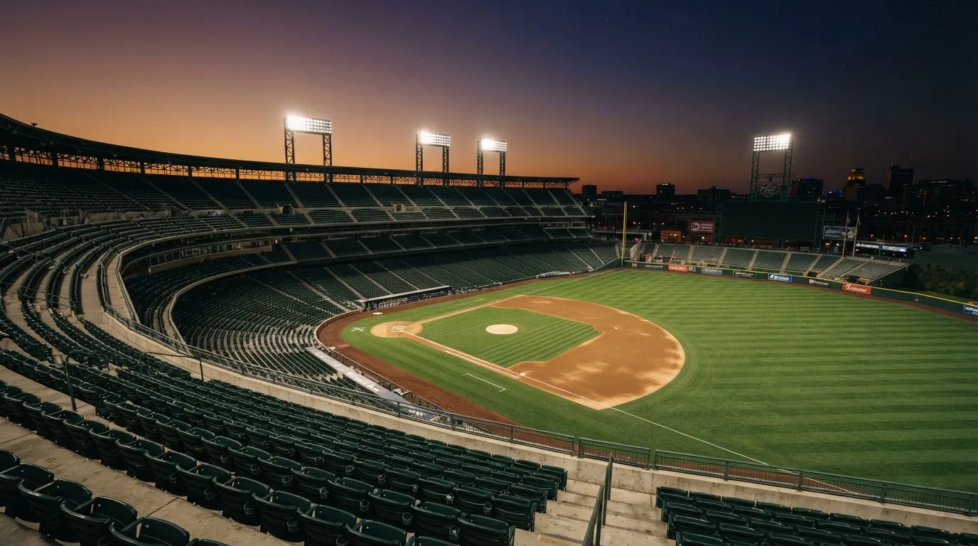 An empty football stadium with floodlight masts at dusk