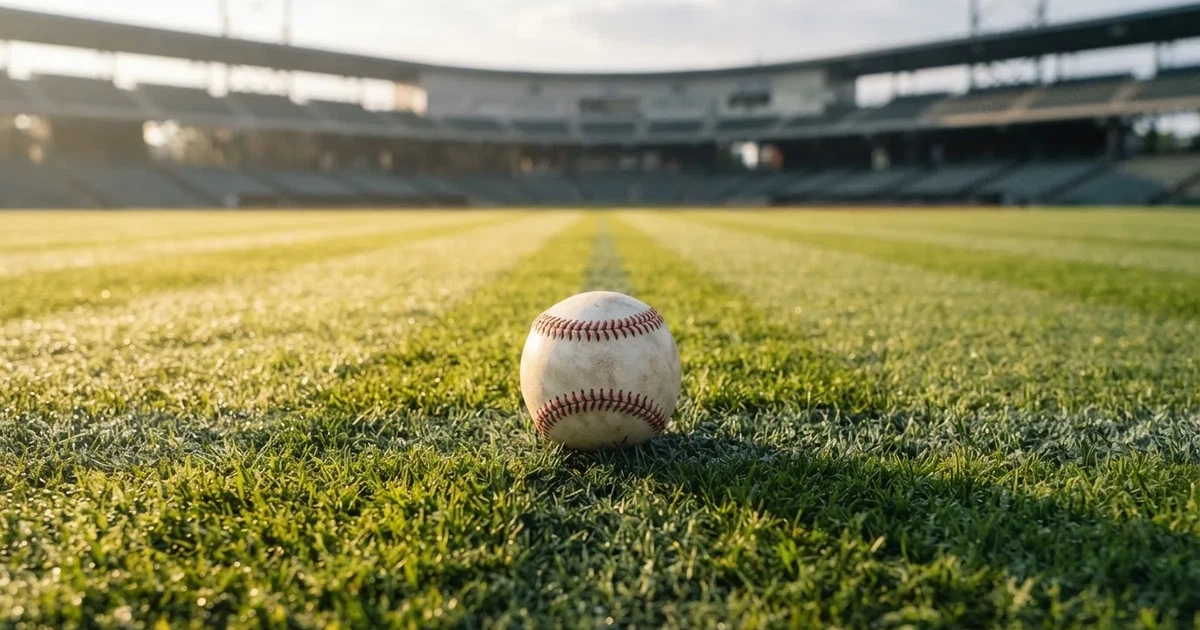 A ball on the centre spot of a grass pitch in morning light