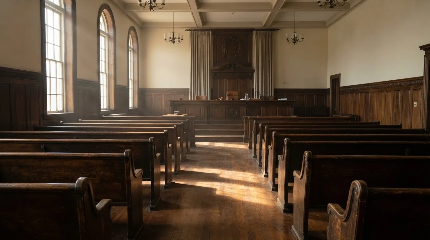 An empty courtroom with wooden benches in morning light