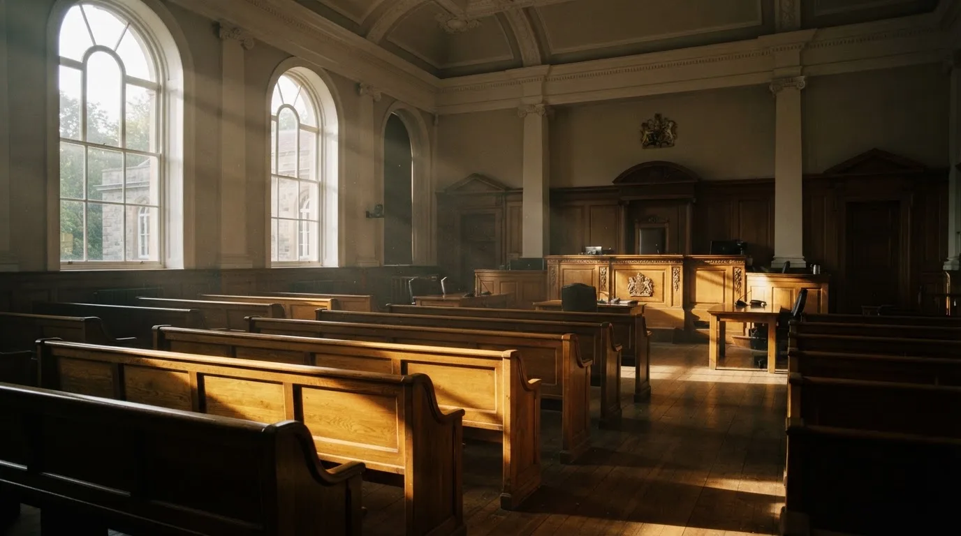 An empty courtroom with wooden benches in morning light