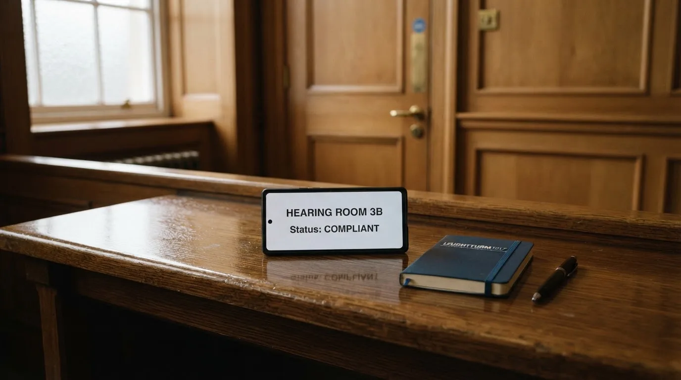 An empty courtroom with wooden benches in morning light