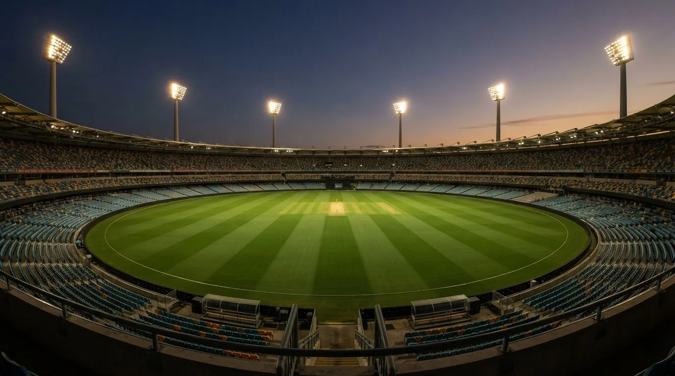 An empty football stadium with floodlight masts at dusk