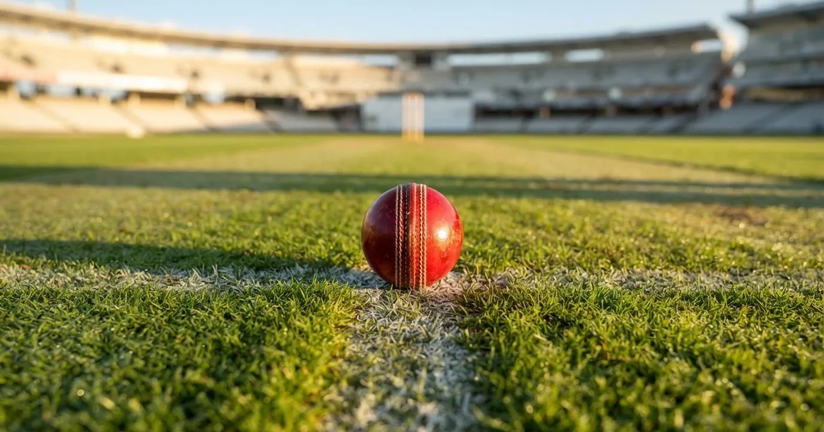 A ball on the centre spot of a grass pitch in morning light