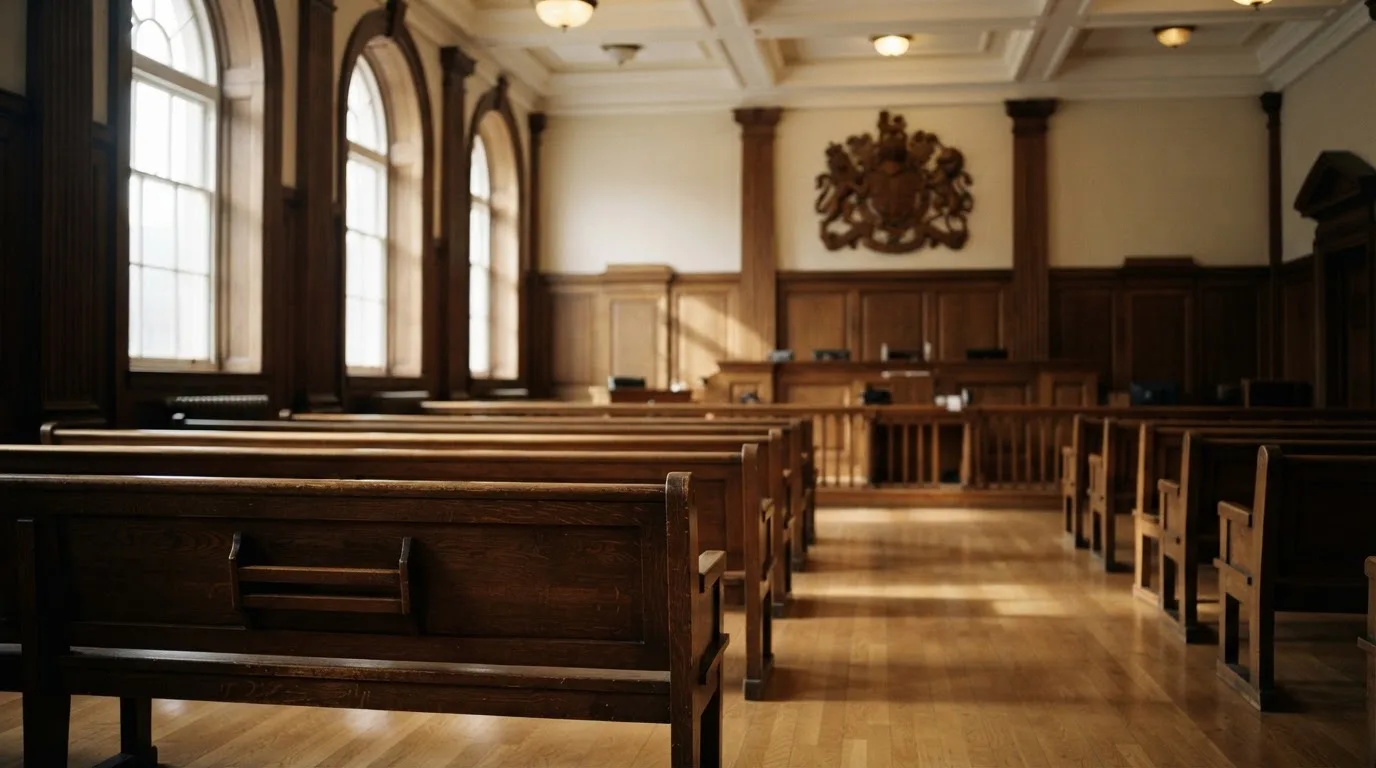 An empty courtroom with wooden benches in morning light