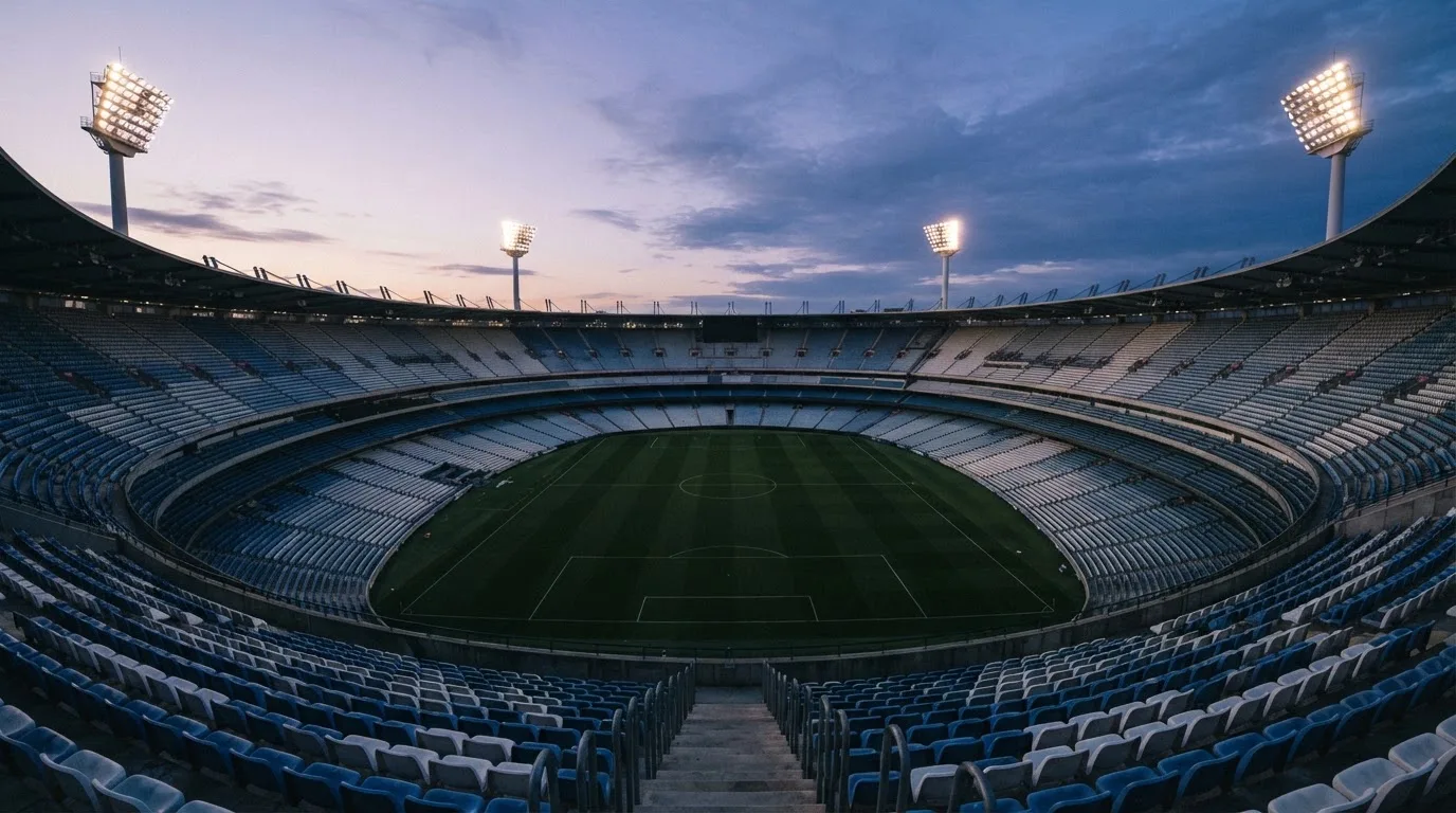 An empty football stadium with floodlight masts at dusk