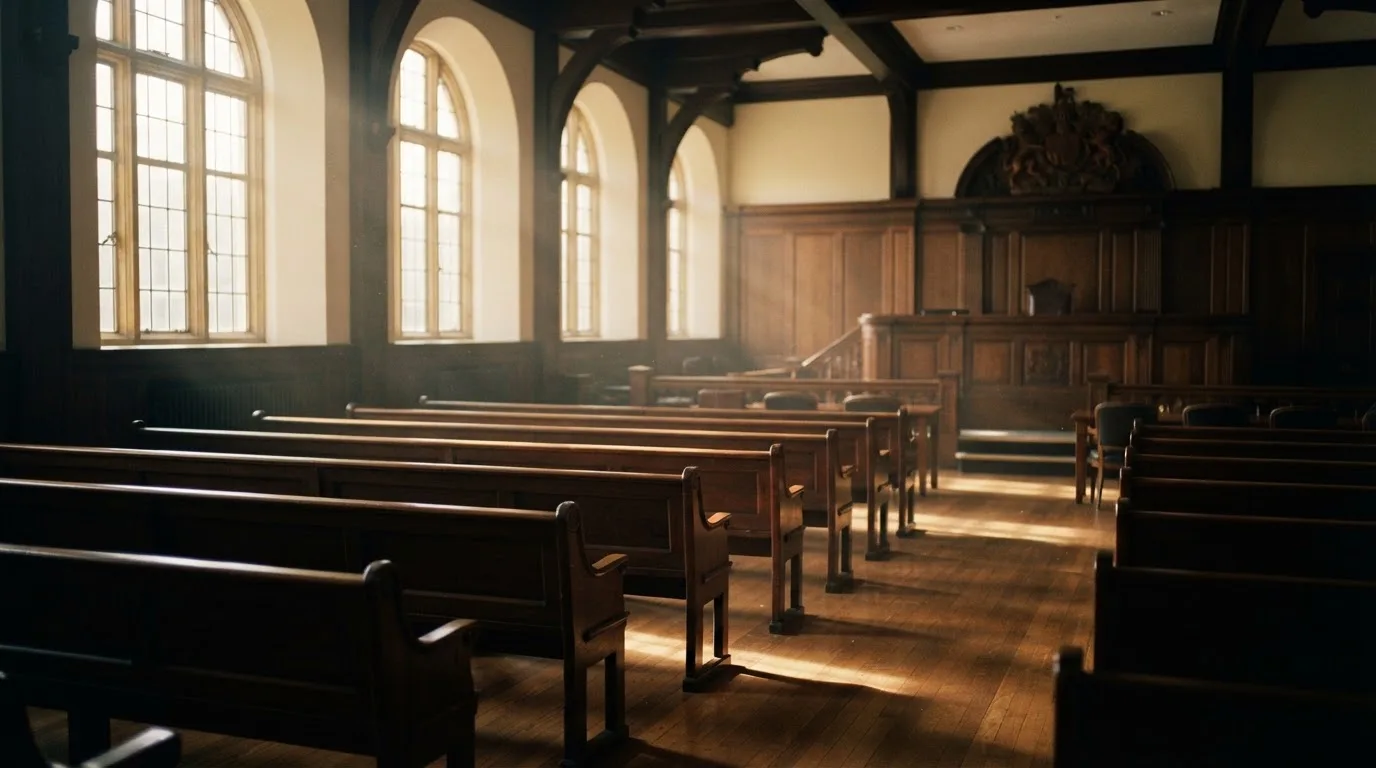 An empty courtroom with wooden benches in morning light