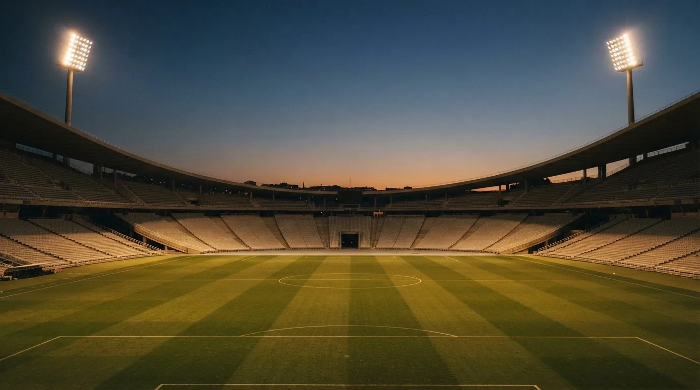An empty football stadium with floodlight masts at dusk