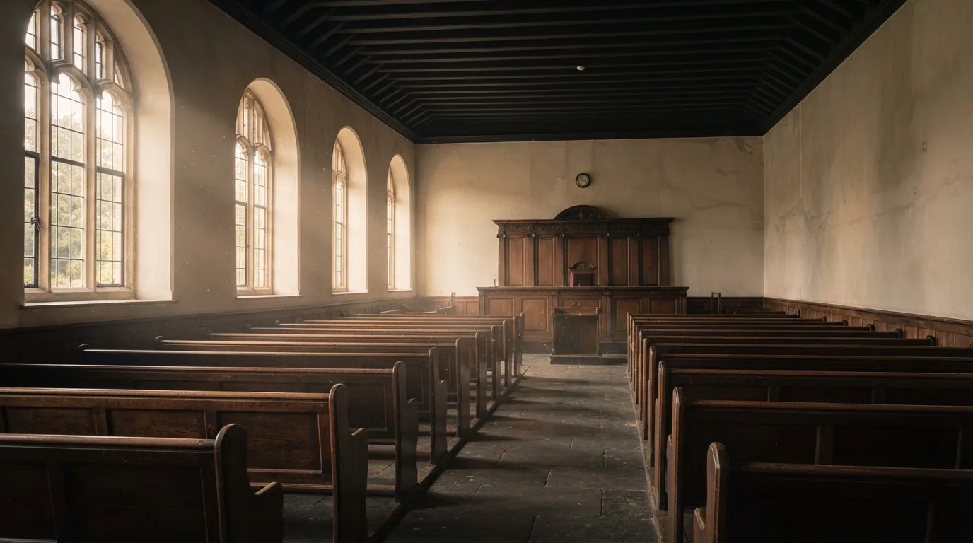 An empty courtroom with wooden benches in morning light
