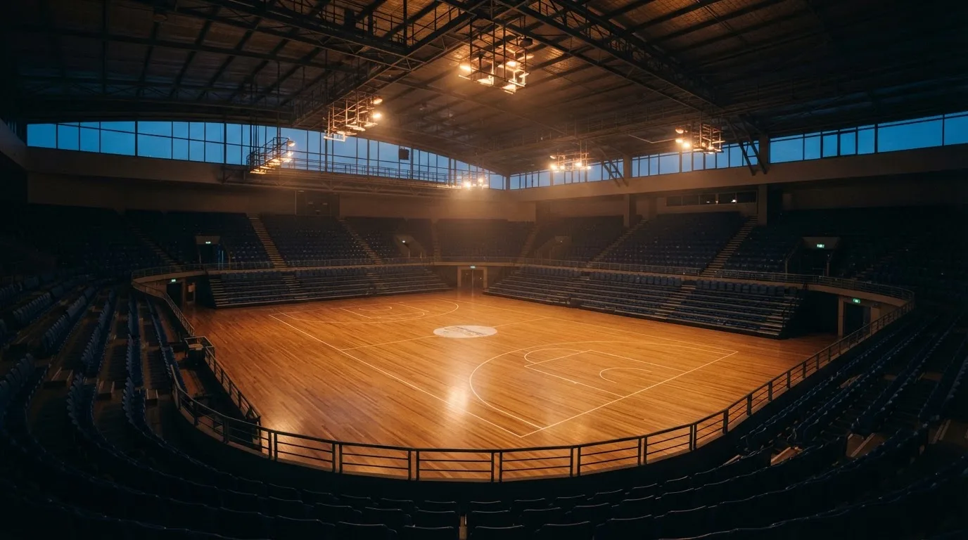An empty football stadium with floodlight masts at dusk