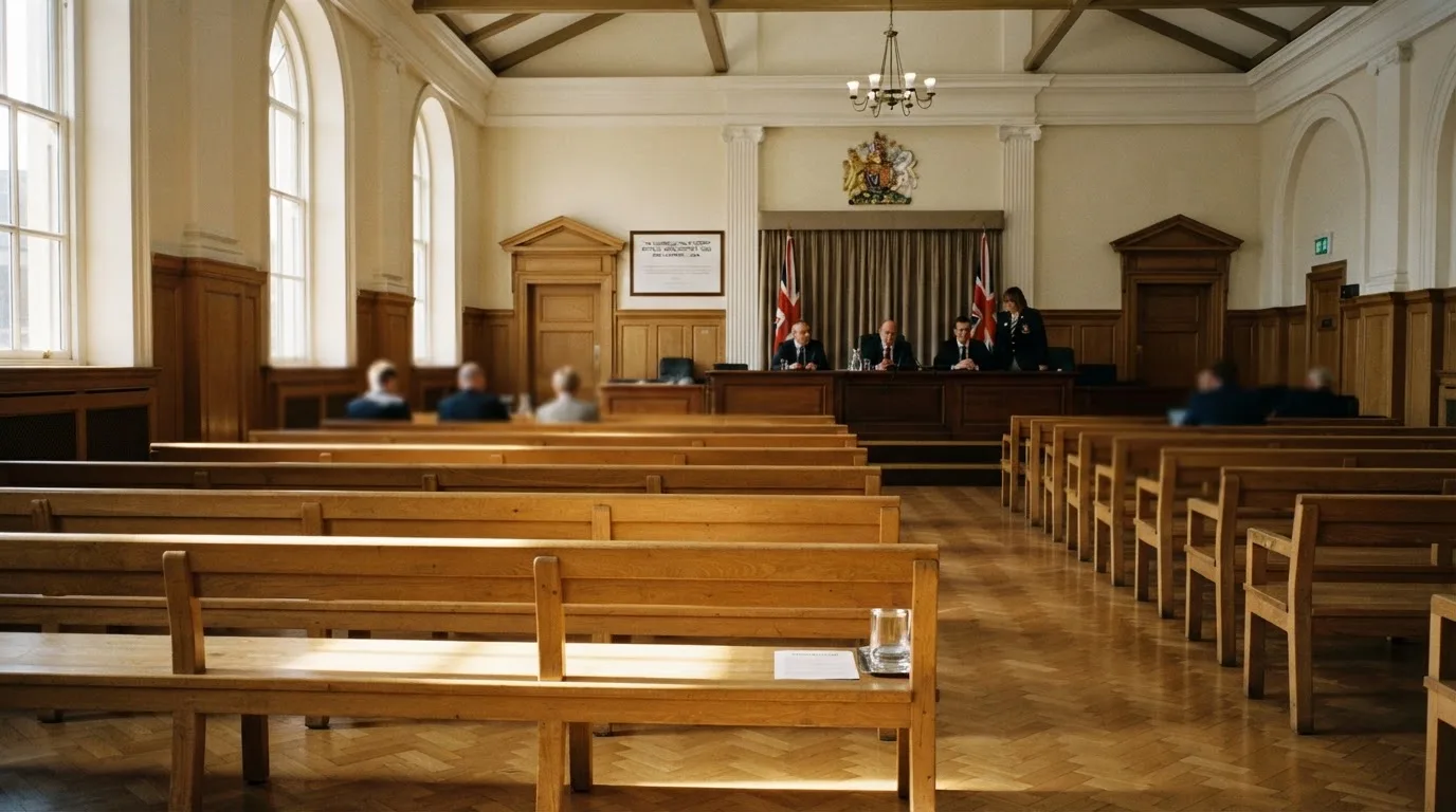 An empty courtroom with wooden benches in morning light