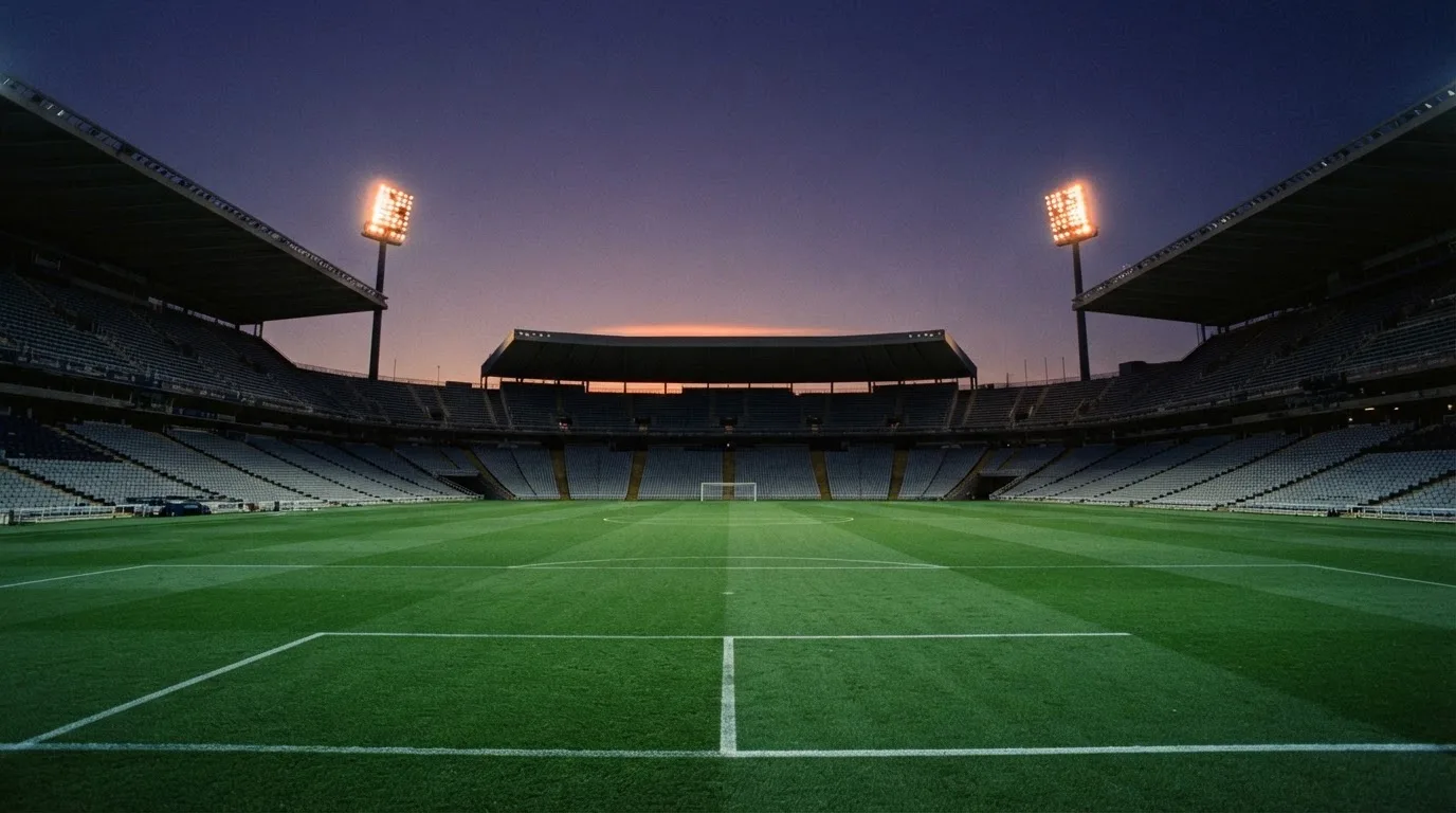 An empty football stadium with floodlight masts at dusk