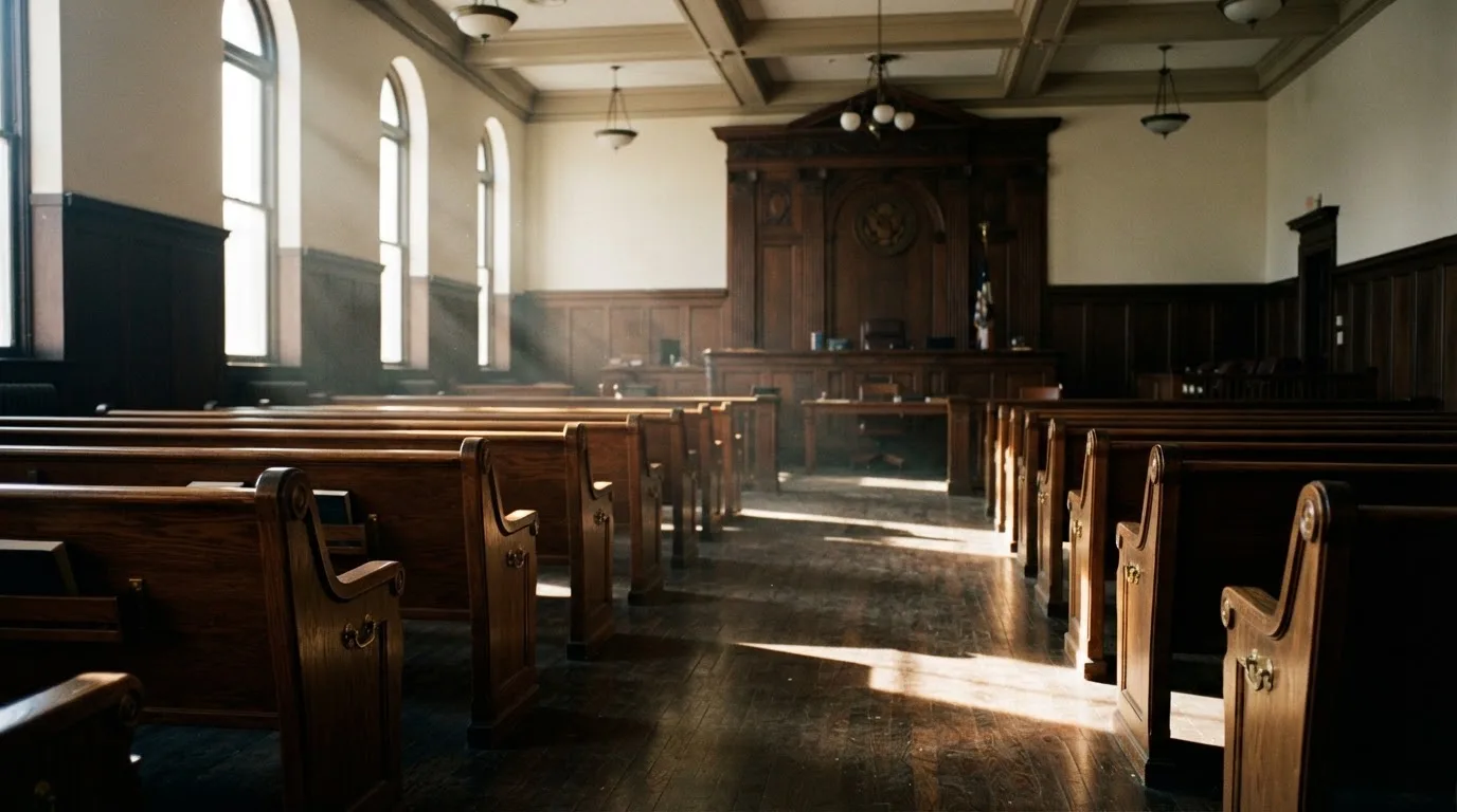 An empty courtroom with wooden benches in morning light