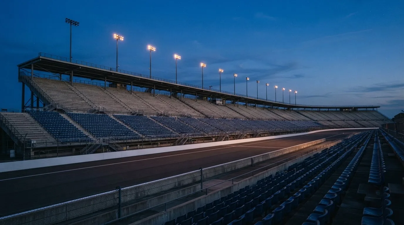 An empty football stadium with floodlight masts at dusk