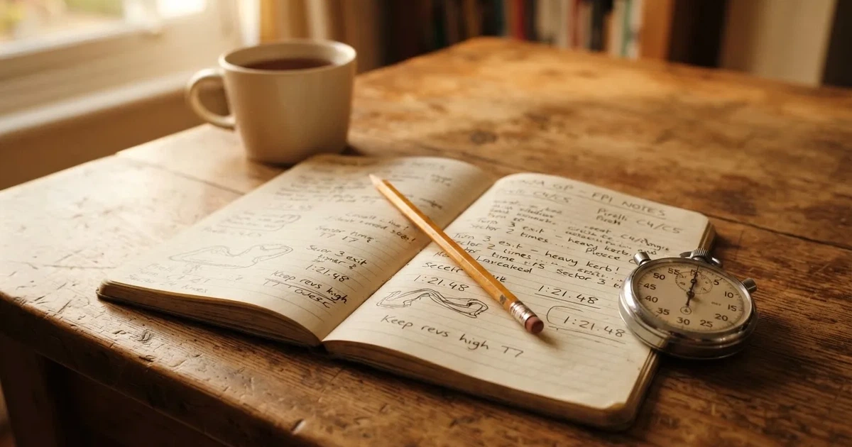 An open notebook with a pencil and a stopwatch on a wooden table