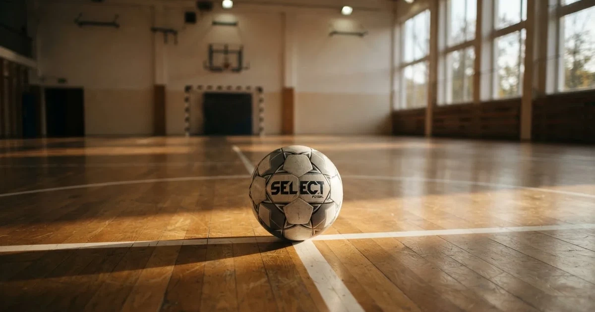 A ball on the centre spot of a grass pitch in morning light