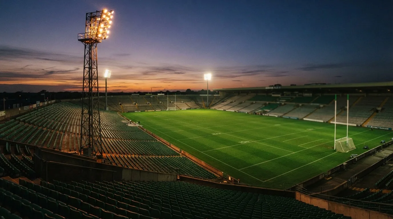 An empty football stadium with floodlight masts at dusk