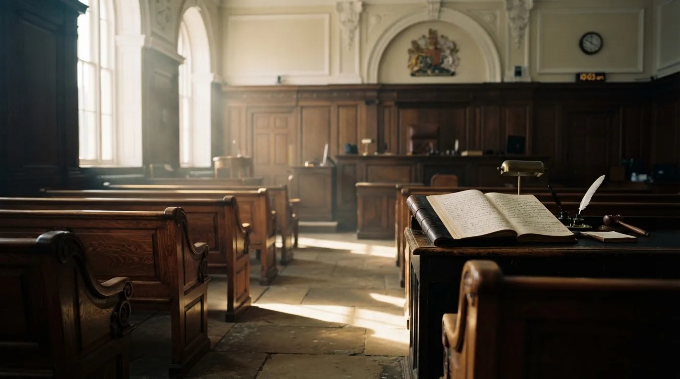 An empty courtroom with wooden benches in morning light