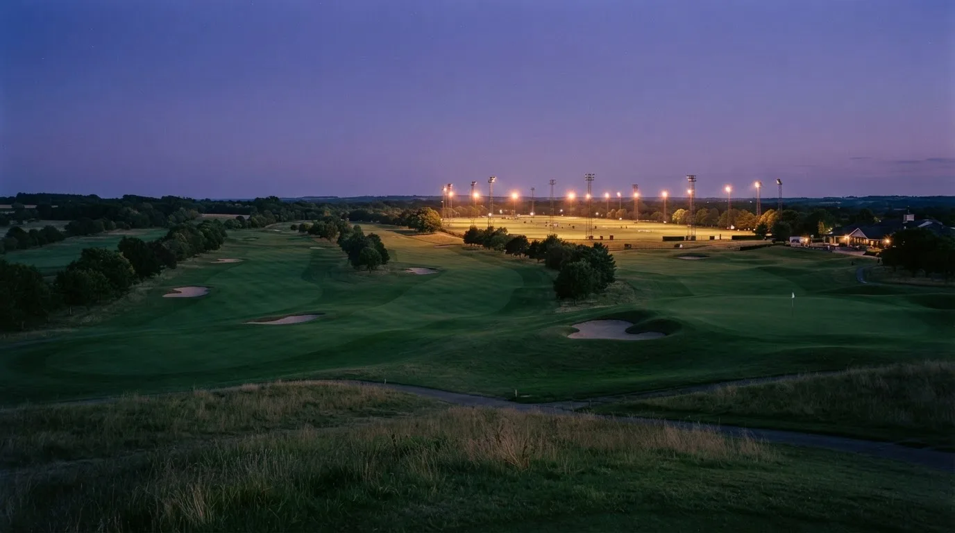 An empty football stadium with floodlight masts at dusk