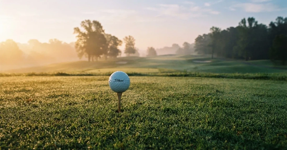 A ball on the centre spot of a grass pitch in morning light